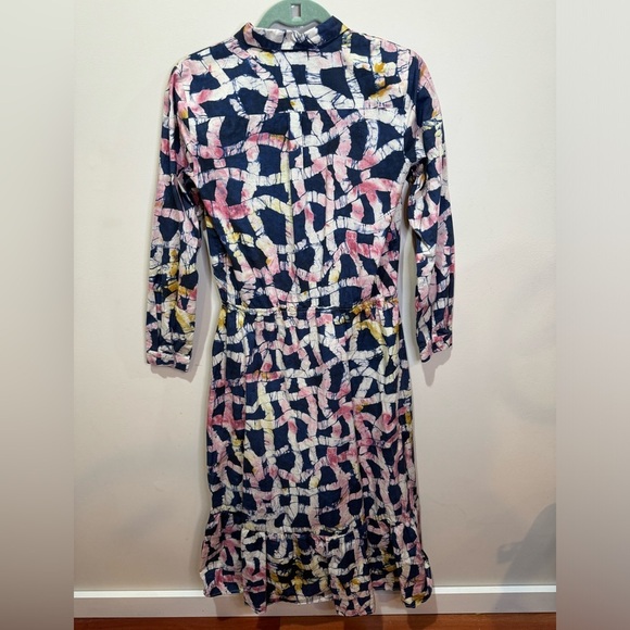 Busayo‎ Abstract Printed Midi Shirt Dress High Low Hem XS Navy Pink Yellow - Picture 6 of 7